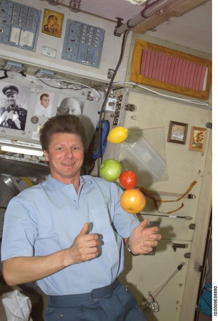 NASA image: Padalka watches as fruit floats in the Service Module during Expedition 9