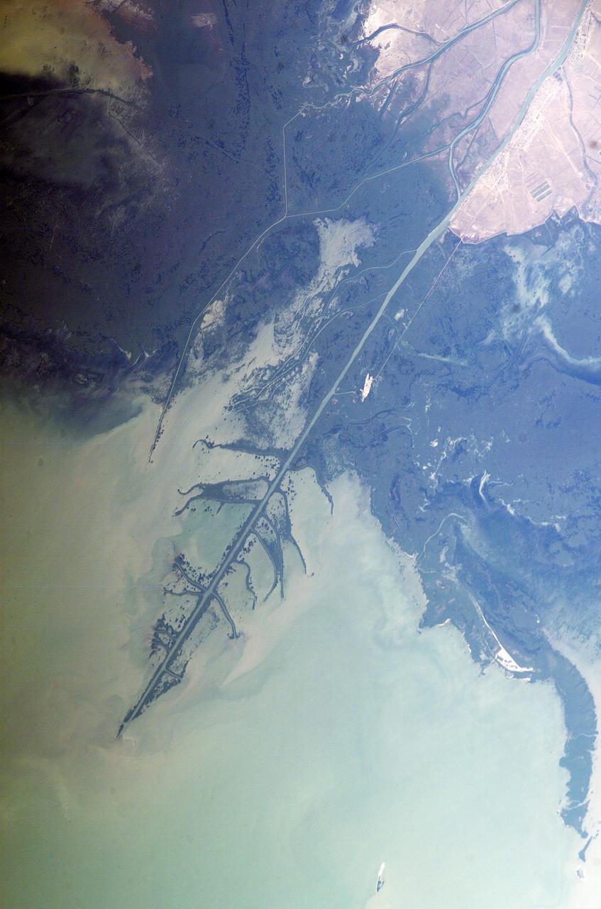 ISS009-E-18679 (17 August 2004) --- Ural River Delta, Kazakhstan is featured in this image photographed by an Expedition 9 crewmember on the International Space Station (ISS). The Ural River is one of two major rivers (the other river is the Volga) that empty into the northern coast of the Caspian Sea, creating extensive wetlands. This image shows details of the Ural's tree-like (or “digitate”) delta. According to NASA scientists studying the Space Station imagery, this type of delta forms when wave action is low and sediment content in the river is high. New distributary channels form in the delta when the river breaches natural levees formed by sediment deposition. The dark regions running along the coast are the wetlands that support high biodiversity due to the unique environment and relative isolation of the Caspian Sea. The coastal wetlands are especially important to migrating birds as an important stop-over along the Asian flyway. The Ural River's trek to the Caspian is long — roughly 2400 kilometers (1500 miles) from the Ural Mountains in Russia south to empty into the northern Caspian Sea in Kazakhstan. Although the current sea level of the Caspian is more than 26 meters below global mean sea level the water levels have risen roughly 2 meters since 1980. This has lead to flooding of much of the coastal region, including the Ural delta, and endangers these coastal wetland environments. The coastal flooding has also impacted the oil exploration infrastructure bordering the Caspian coastline, scientists report.