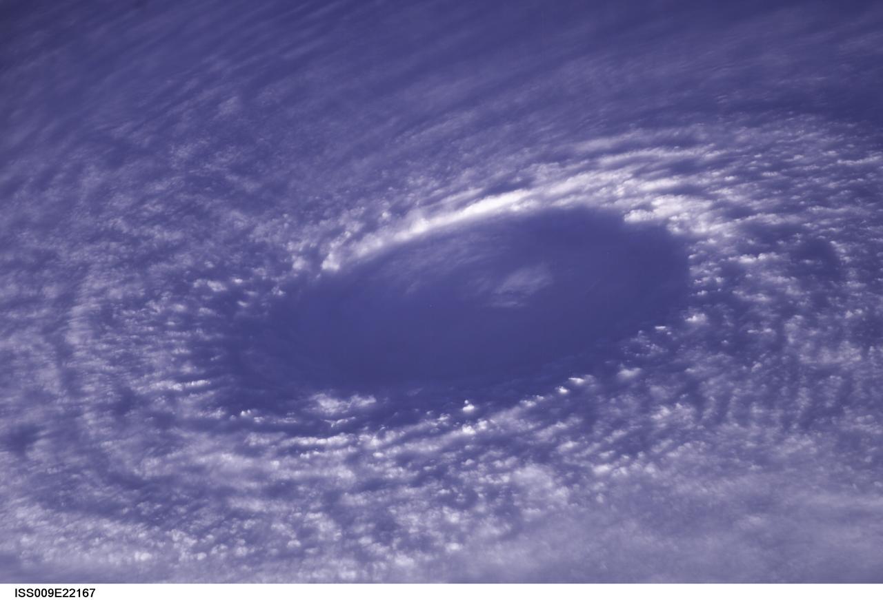 ISS009-E-22167 (11 September 2004) --- This image of the eye of Hurricane Ivan, one of the strongest hurricanes on record, was taken Saturday from an altitude of about 230 miles by Astronaut Edward M. (Mike) Fincke, NASA ISS science officer and flight engineer, aboard the International Space Station. At the time, Ivan was in the western Carribean Sea and reported to have winds of 160 mph.
