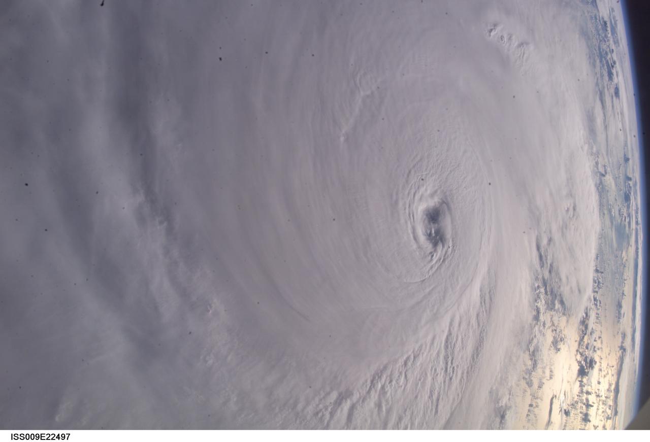 ISS009-E-22497 (13 September 2004) --- Hurricane Ivan was photographed as it entered the Gulf of Mexico late Monday (22:39:23 GMT, Sept. 13) by astronaut Edward M. (Mike) Fincke aboard the International Space Station, 230 miles above Earth. At the time, Ivan was a category 5 hurricane with winds of 160 mph. Fincke, the NASA Station Science Officer, and Station Commander Gennady Padalka are in the final month of a six-month mission aboard the research platform.