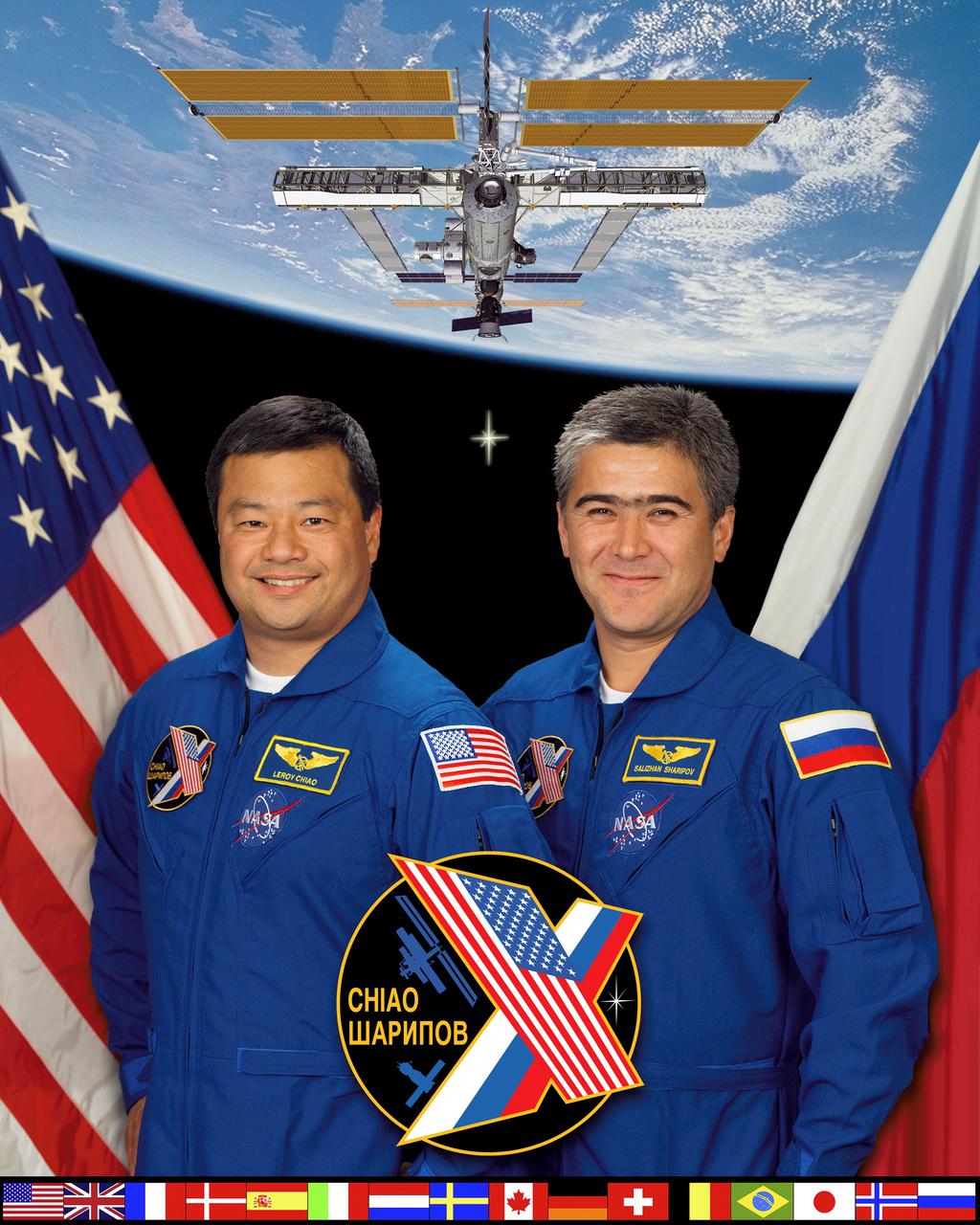 ISS010-S-002 (July 2004) --- The crewmembers for Expedition 10 take a break from training in the United States, Russia and other venues to pose for their crew portrait.  Astronaut Leroy Chiao, left, is commander and NASA ISS science officer. Cosmonaut Salizhan S. Sharipov, representing Russia&#0146;s Federal Space Agency, is flight engineer.