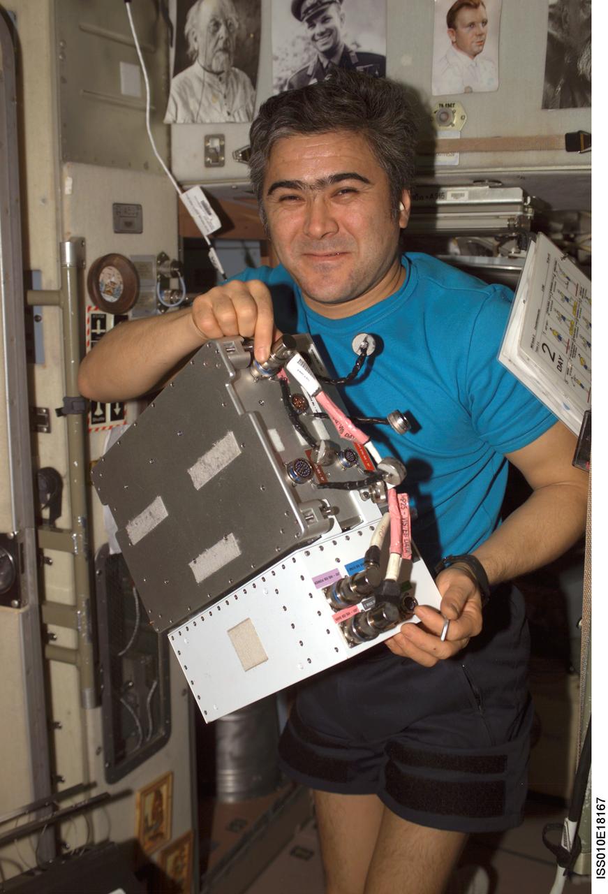ISS010-E-18167 (17 February 2005) --- Cosmonaut Salizhan S. Sharipov, Expedition 10 flight engineer representing Russia's Federal Space Agency, holds an Electronic Box Assembly, and Violation Isolation and Stabilization (VIS) Controller Assembly, which is part of the Treadmill Vibration Isolation System (TVIS) in the Zvezda Service Module of the International Space Station (ISS). Also in view is a VIS/TM data cable and VIS/TM power cable. This box receives power and distributes it between the treadmill and the VIS subassemblies.