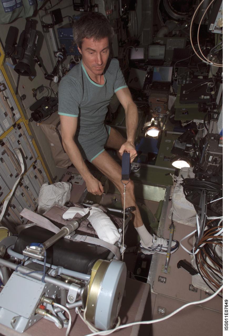 ISS011-E-07649 (31 May 2005) --- Cosmonaut Sergei K. Krikalev, Expedition 11 commander representing Russia's Federal Space Agency, exercises with bungee cord load trainer on the Russian VELO Ergometer in the Zvezda Service Module of the International Space Station (ISS).