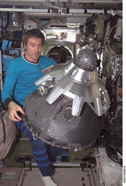 NASA image: Krikalev with probe-and-cone docking mechanism (StM) in the Zvezda module