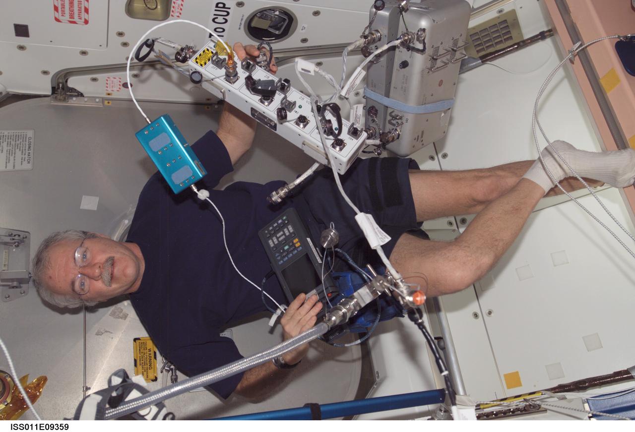 ISS011-E-09359 (21 June 2005) --- Astronaut John L. Phillips, Expedition 11 NASA ISS science officer and flight engineer, tries to sort out various hardware in the Unity node of the International Space Station (ISS).