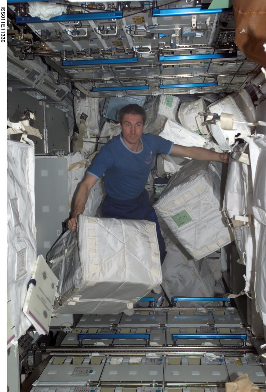 ISS011-E-11330 (30 July 2005) --- Cosmonaut Sergei Krikalev, representative of Russia's Federal Space Agency and commander for Expedition 11, retrieves supplies from the Multi-Purpose Logistics Module Raffaello, which was brought to Earth orbit by the seven-member crew of the Space Shuttle Discovery.