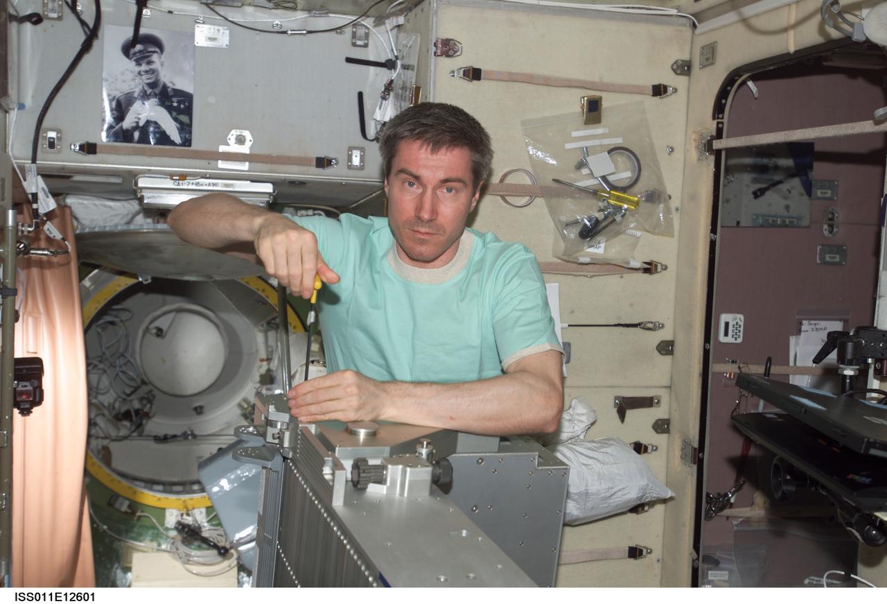 ISS011-E-12601 (7 September 2005) --- Cosmonaut Sergei K. Krikalev, Expedition 11 commander representing Russia's Federal Space Agency, works with the Treadmill Vibration Isolation System (TVIS) during In-Flight Maintenance (IFM) in the Zvezda Service Module of the International Space Station.