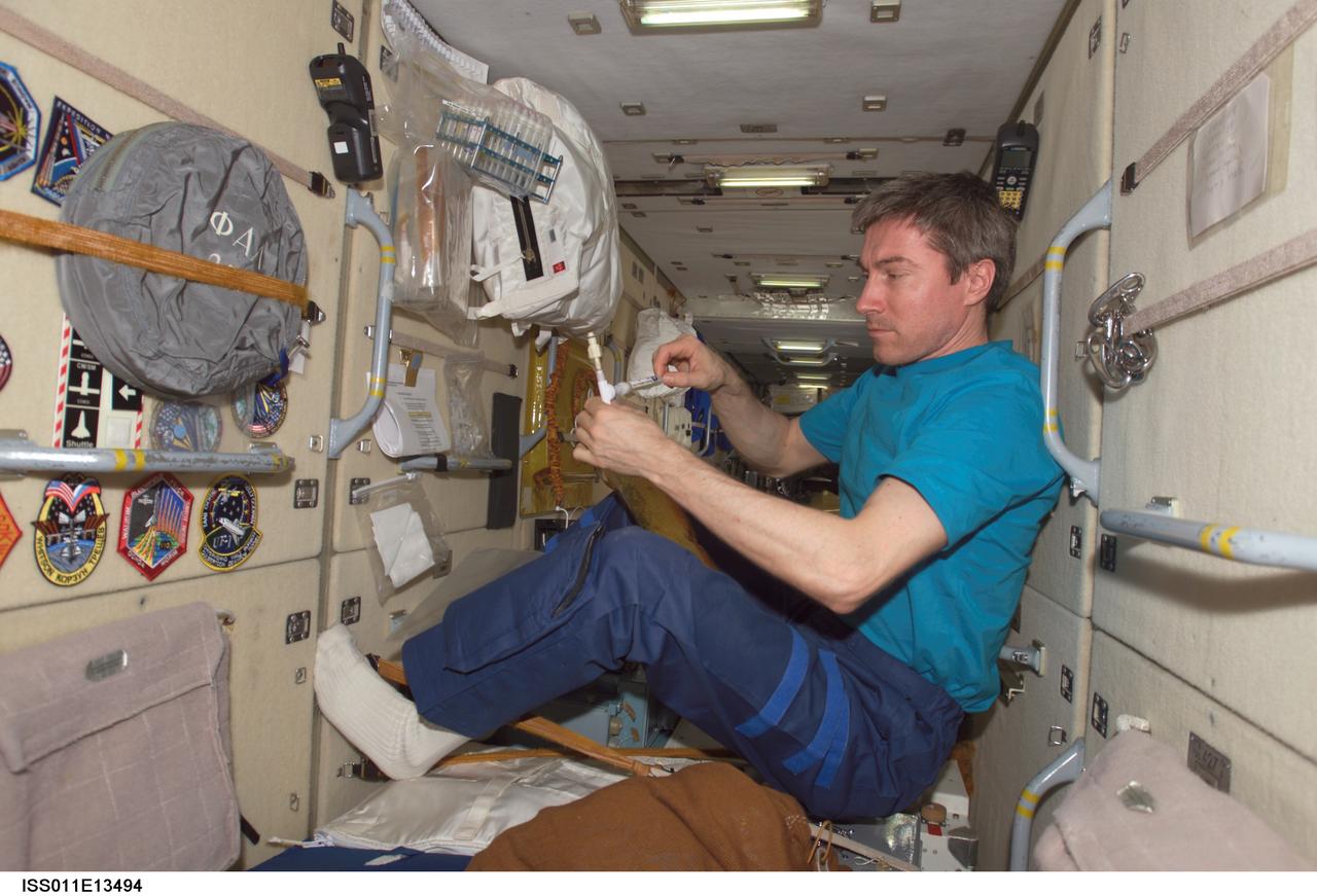 ISS011-E-13494 (22 September 2005) --- Cosmonaut Sergei K. Krikalev, Expedition 11 commander representing Russia's Federal Space Agency, inserts a syringe into a bag while working in the Zarya module of the international space station.