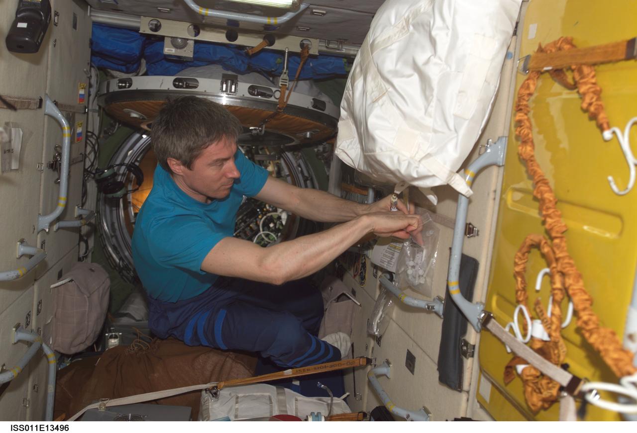 ISS011-E-13496 (22 September 2005) --- Cosmonaut Sergei K. Krikalev, Expedition 11 commander representing Russia's Federal Space Agency, reaches into a bag for supplies in the Zarya module of the international space station.