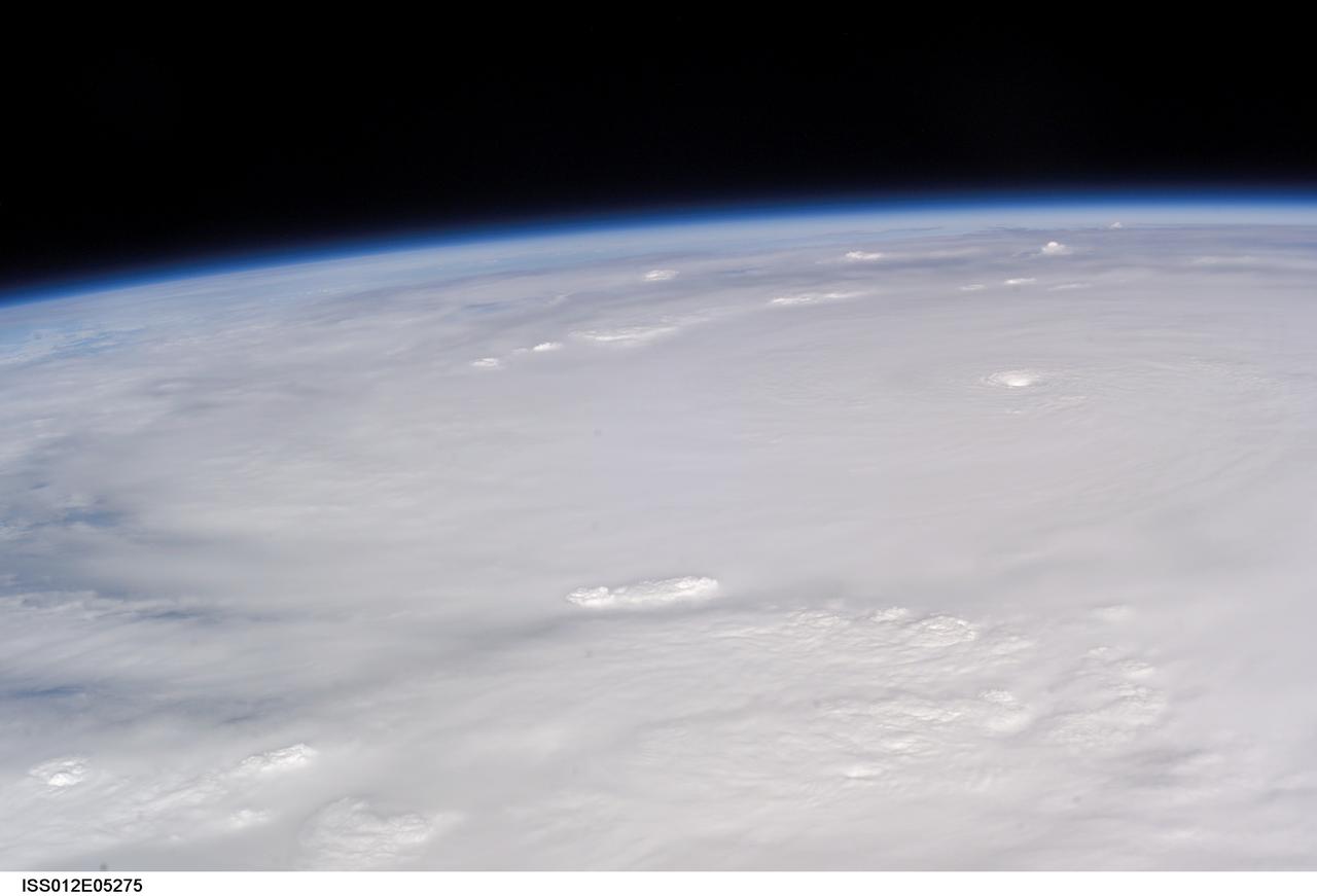 ISS012-E-5275 (19 Oct. 2005) --- This image of Hurricane Wilma was taken at 8:24 a.m. CDT Wednesday, Oct. 19, by the crew aboard NASA's international space station as the complex flew 222 miles above the storm. At the time, Wilma was the strongest Atlantic hurricane in history, with winds near 175 miles per hour. The storm was located in the Caribbean Sea, 340 miles southeast of Cozumel, Mexico.