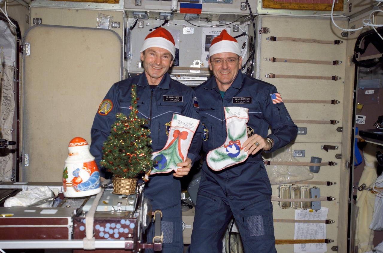 ISS012-E-14244 (28 Dec. 2005) --- Astronaut William S. (Bill) McArthur Jr. (right), Expedition 13 commander and NASA space station science officer, and cosmonaut Valery I. Tokarev, flight engineer representing Russia's Federal Space Agency, pose for a holiday photo in the Zvezda Service Module of the International Space Station. McArthur and Tokarev are holding Christmas stockings and wearing Santa Claus hats. A small Christmas tree and Santa Claus figurine sit on the gallery table in the foreground.