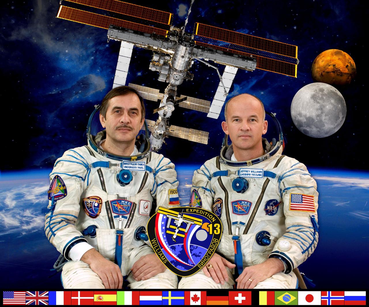 ISS013-S-002 (12 Jan. 2006) --- Cosmonaut Pavel V. Vinogradov (left), Expedition 13 commander representing Russia's Federal Space Agency, and astronaut Jeffrey N. Williams, NASA space station science officer and flight engineer, pause from their training schedule to pose for their official crew portrait. The two are scheduled to be launched to the International Space Station in early spring of this year in a Soyuz TMA-8 spacecraft. Photo credit: Gagarin Cosmonaut Training Center/NASA