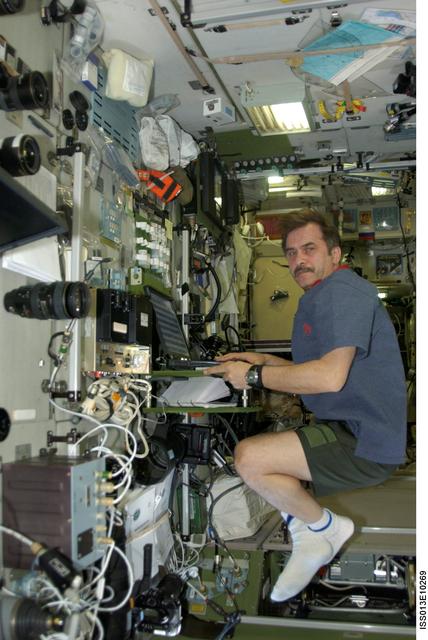 NASA image: Vinogradov uses computer in the SM during Expedition 13