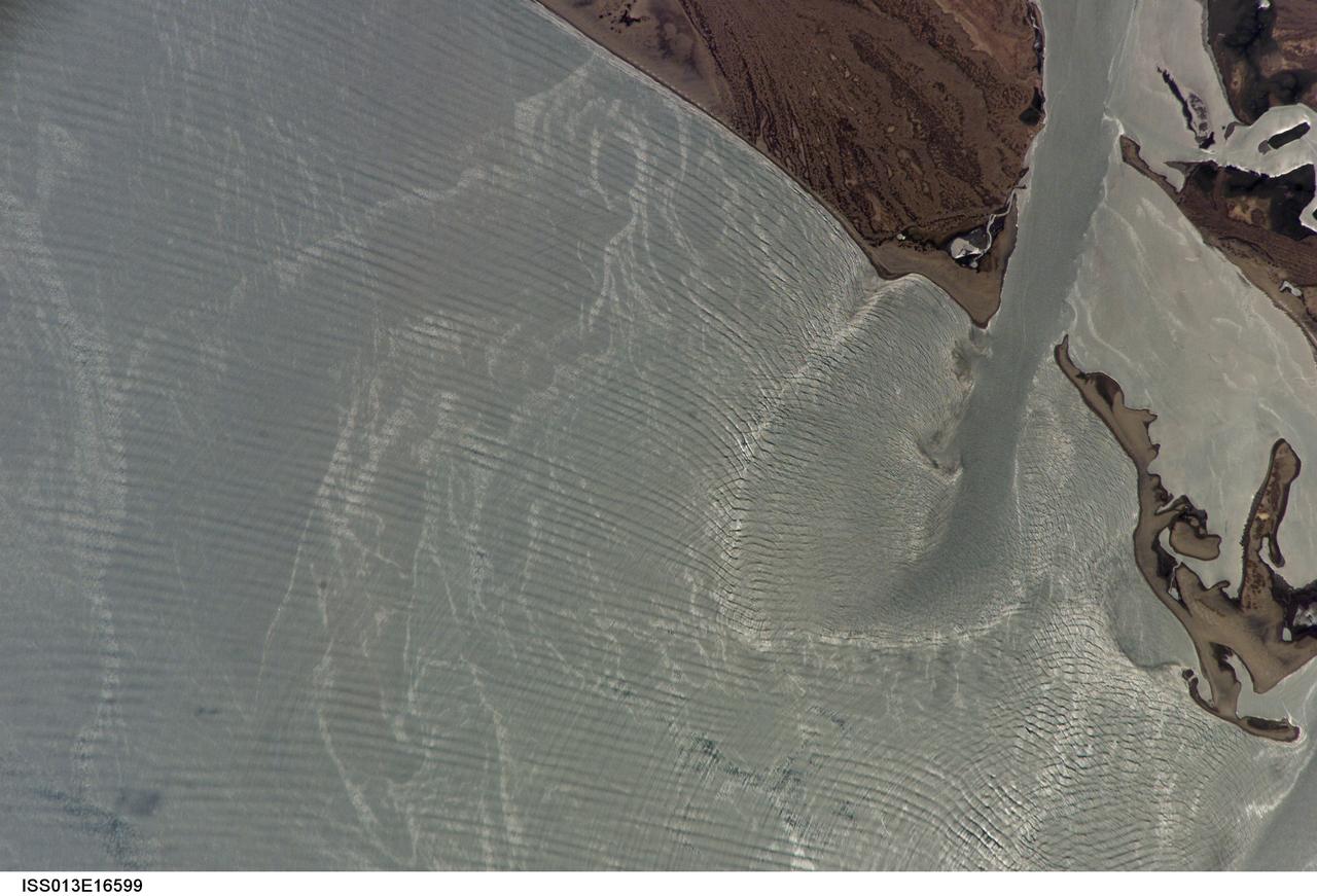 ISS013-E-16599 (9 May 2006) --- Wave sets and tidal currents in the Gulf of California are featured in this image photographed by an Expedition 13 crewmember on the International Space Station. In this image, sunglint off the Gulf of California gives the water a silver-gray appearance rather than the usual azure blue color. The sunglint allows us to see several active features which would not be visible otherwise. In this view of Punta Perihuete, Mexico we can see three major features: biological or man-made oils floating on the surface; the out-going tidal current; and complex wave patterns. The oils on the surface are recognizable as light grey, curved and variable-width streamers shaped by the local winds and currents. Plankton, fish, natural oil seeps and boats dumping bilges are all potential sources for these oils.