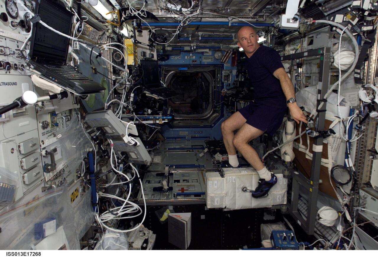 Williams exercises on the CEVIS in the U.S. Laboratory during Expedition 13