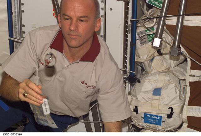 NASA image: Williams watches a water bubble in the U.S. Laboratory during Expedition 13