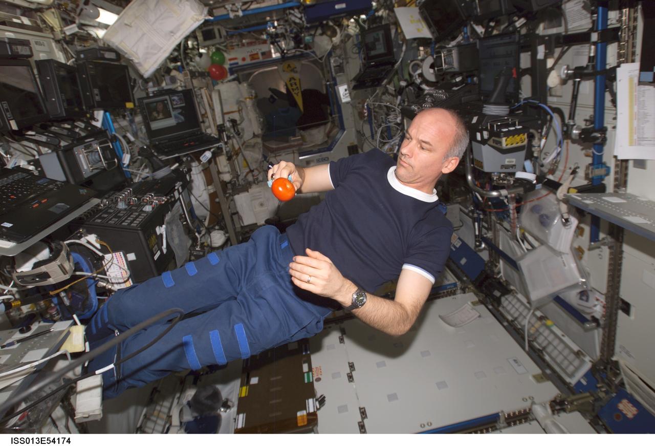 ISS013-E-54174 (16 July 2006) --- Astronaut Jeffrey N. Williams, Expedition 13 NASA space station science officer and flight engineer, watches a tomato float freely in the Destiny laboratory of the International Space Station.