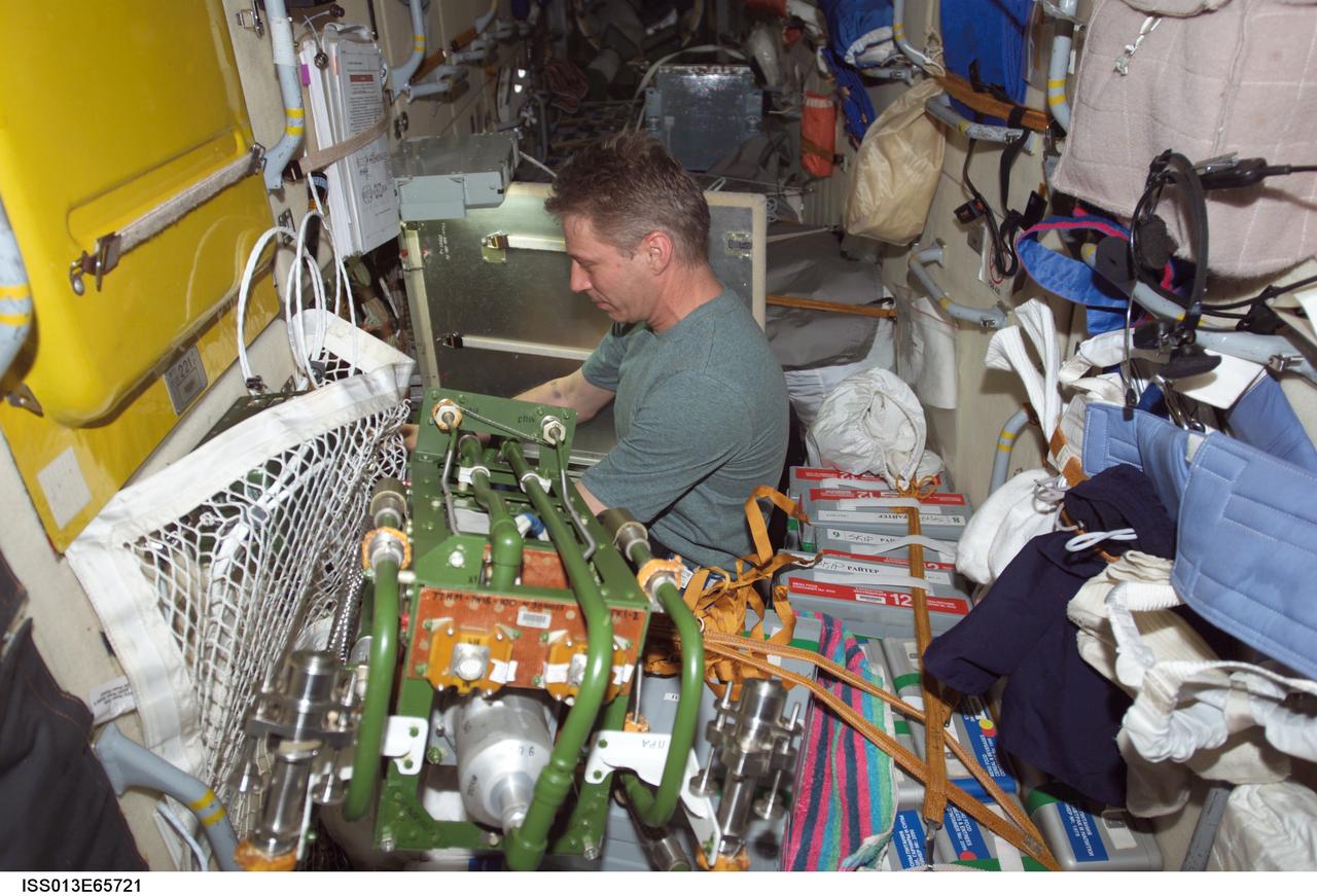 ISS013-E-65721 (10 Aug. 2006) --- European Space Agency (ESA) astronaut Thomas Reiter, Expedition 13 flight engineer, replaces the number two replaceable pump panel (SPN) in the number one loop (VGK1) of the International Space Station's Zarya functional cargo block (FGB) thermal control system with a new spare from stowage.