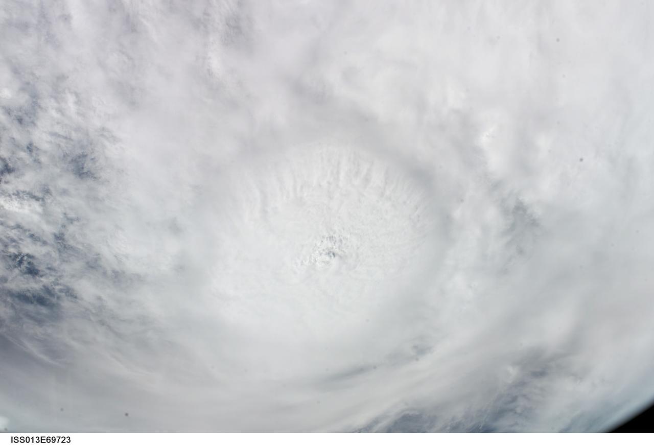 ISS013-E-69723 (27 August 2006) --- This vertical view of Hurricane Ernesto was taken by the crew of the International Space Station on Sunday, Aug. 27, 2006, from an altitude of about 215 miles. At that time, Ernesto was approaching Cuba and was expected to eventually make landfall on the coast of southern Florida.