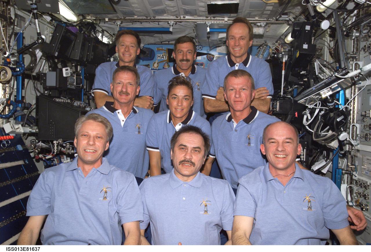 ISS013-E-81637 (16 Sept. 2006) --- The Expedition 13 and STS-115 crewmembers gather for a group portrait during a joint crew press conference in the Destiny laboratory of the International Space Station while Space Shuttle Atlantis was docked with the station. From the left (front row) are European Space Agency (ESA) astronaut Thomas Reiter, Expedition 13 flight engineer; cosmonaut Pavel V. Vinogradov, commander representing Russia's Federal Space Agency; and astronaut Jeffrey N. Williams, NASA space station science officer and flight engineer. From the left (second row) are astronauts Joseph R. Tanner, Heidemarie M. Stefanyshyn-Piper, both STS-115 mission specialists; and Brent W. Jett, Jr., STS-115 commander. From the left (top row) are astronauts Christopher J. Ferguson, pilot; Daniel C. Burbank and Canadian Space Agency astronaut Steven G. MacLean, both mission specialists.