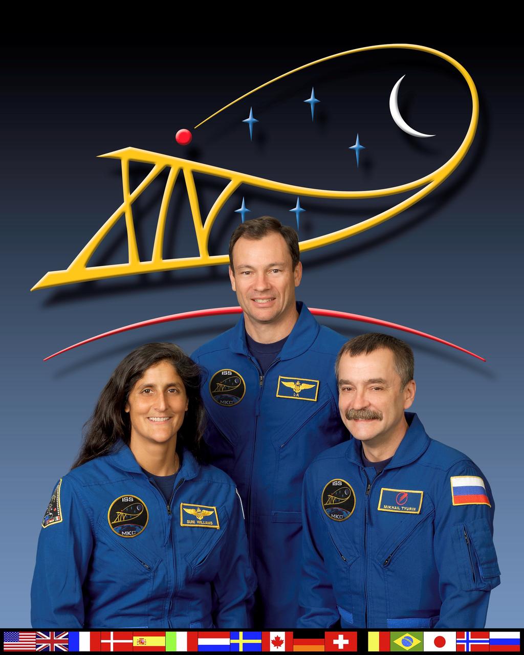 ISS014-S-002A (30 March 2006) --- Astronaut Michael E. Lopez-Alegria (center), Expedition 14 commander and NASA space station science officer; cosmonaut Mikhail Tyurin (right), flight engineer representing Russia's Federal Space Agency; and astronaut Sunita L. Williams, flight engineer, take a break from training at Johnson Space Center to pose for a crew portrait.