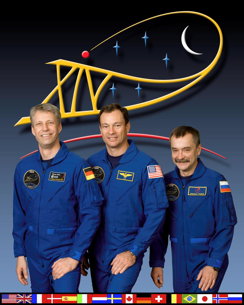 ISS014-S-002B (30 March 2006) --- Astronaut Michael E. Lopez-Alegria (center), Expedition 14 commander and NASA space station science officer; cosmonaut Mikhail Tyurin (right), flight engineer representing Russia's Federal Space Agency; and European Space Agency (ESA) astronaut Thomas Reiter, flight engineer, take a break from training at Johnson Space Center to pose for a crew portrait.