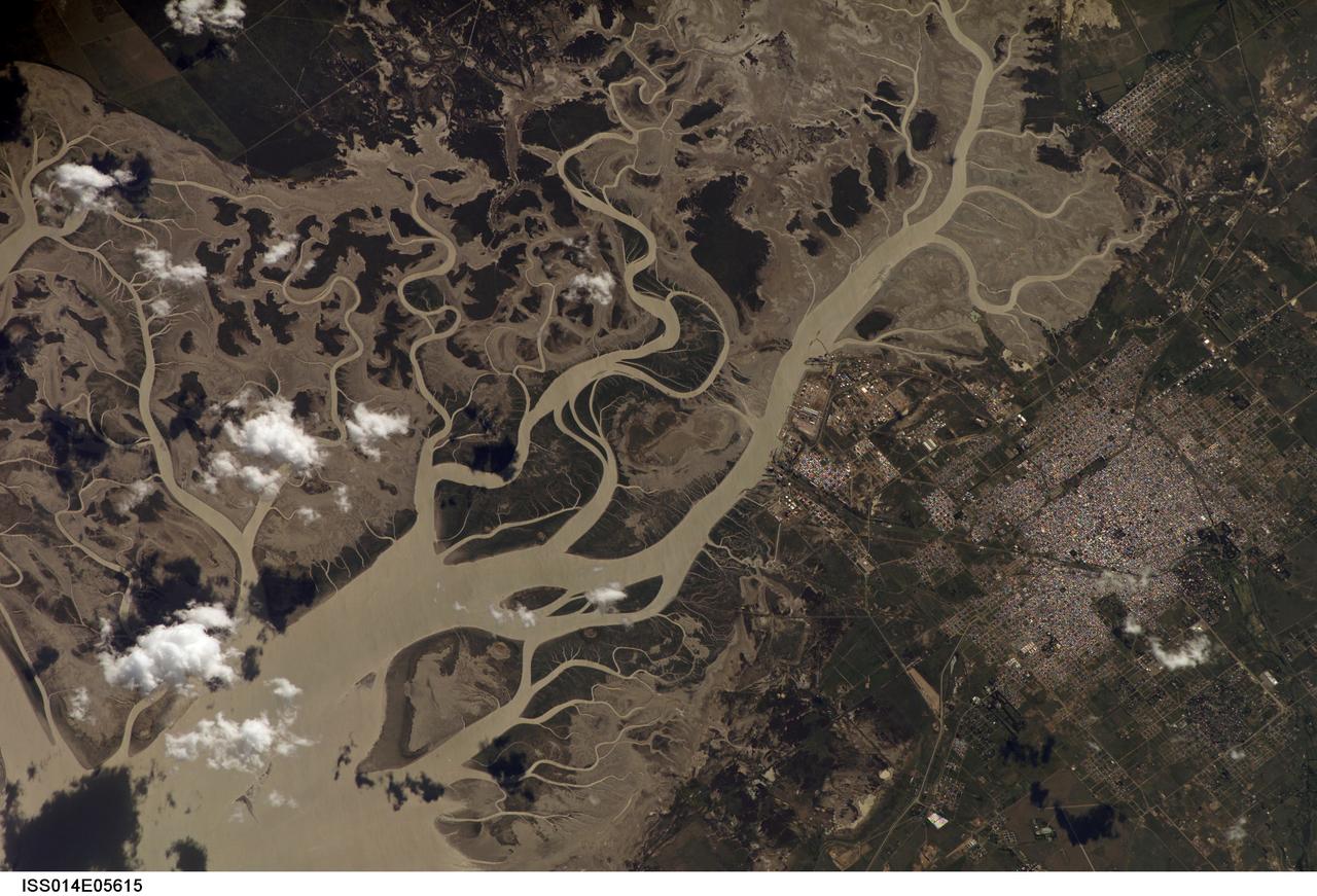 ISS014-E-05615 (14 Oct. 2006) --- Bahia Blanca, Buenos Aires Province, Argentina is featured in this image photographed by an Expedition 14 crewmember on the International Space Station. The port city of Bahia Blanca lies almost 600 kilometers southwest of Buenos Aires on the southern rim of the Argentine economic heartland. This small city of 275,000 people is captured in one frame which shows its position near the mouth of the Arroyo Naposta. The salt flats (gray) and wetlands bordering this estuary, characterized by twisting, light colored tidal channels and dark swamps, lie mainly on the south side of the river. The yellow tinge to the water surfaces arises from the partial sunglint reflection on this particular day. The name Bahia Blanca (White Bay) derives from the white color of the salt and was applied to the major bay--noted by Magellan as he probed the coast of South America for a passage to the Pacific Ocean in 1520--and then to the city at the head of this bay. Highways, airline routes and pipelines from oil and gas fields to the west and south all converge on Bahia Blanca. The city is a major cultural center and historically has acted as a gateway for immigration. Higher ground on the north side of the estuary affords stable ground for the growth of the city and for intensive agriculture, a mainstay of the Argentine economy. The city is set back from the waterfront where an industrial park, a petrochemical center, and dockyards (white ellipse) are located.