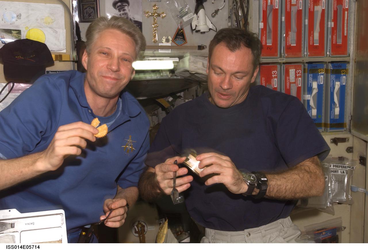 ISS014-E-05714 (15 Oct. 2006) --- Astronauts Michael E. Lopez-Alegria (right), Expedition 14 commander and NASA space station science officer, and Thomas Reiter, flight engineer representing the European Space Agency (ESA), share a meal in the Zvezda Service Module of the International Space Station.