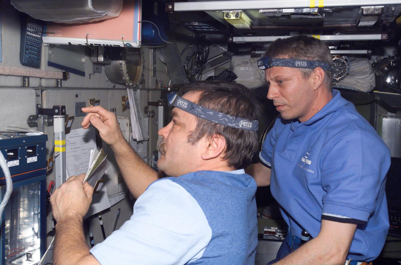 ISS014-E-07142 (3 Nov. 2006) --- Cosmonaut Mikhail Tyurin (foreground) representing Russia's Federal Space Agency, and European Space Agency (ESA) astronaut Thomas Reiter, both Expedition 14 flight engineers, install and connect onboard equipment control system cables in the Zvezda Service Module of the International Space Station.