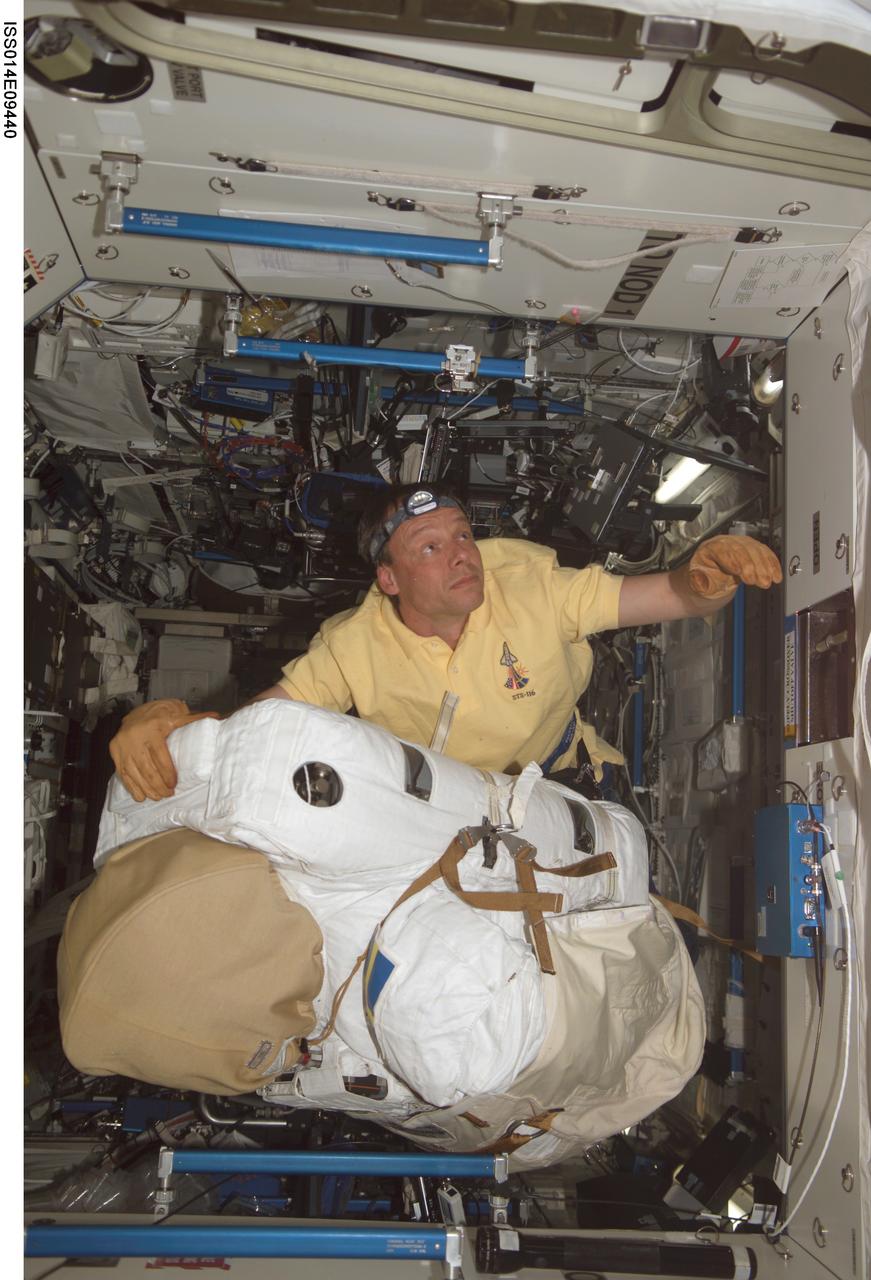 ISS014-E-09440 (12 Dec. 2006) --- European Space Agency (ESA) astronaut Christer Fuglesang, STS-116 mission specialist, floats with his Extravehicular Mobility Unit (EMU) spacesuit in the Destiny laboratory of the International Space Station as he prepares for the mission's first scheduled session of extravehicular activity (EVA).