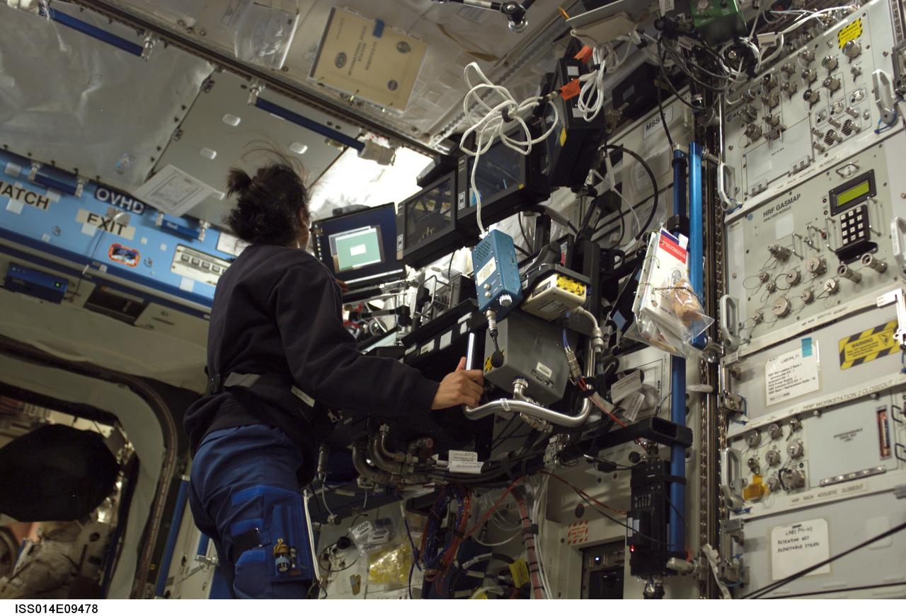 ISS014-E-09478 (11 Dec. 2006) --- Astronaut Sunita L. Williams, STS-116 mission specialist, works the controls of the Space Station Remote Manipulator System (SSRMS) or Canadarm2 in the Destiny laboratory of the International Space Station during flight day three activities.