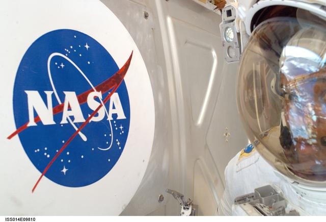 NASA image: NASA logo on exterior of ISS module