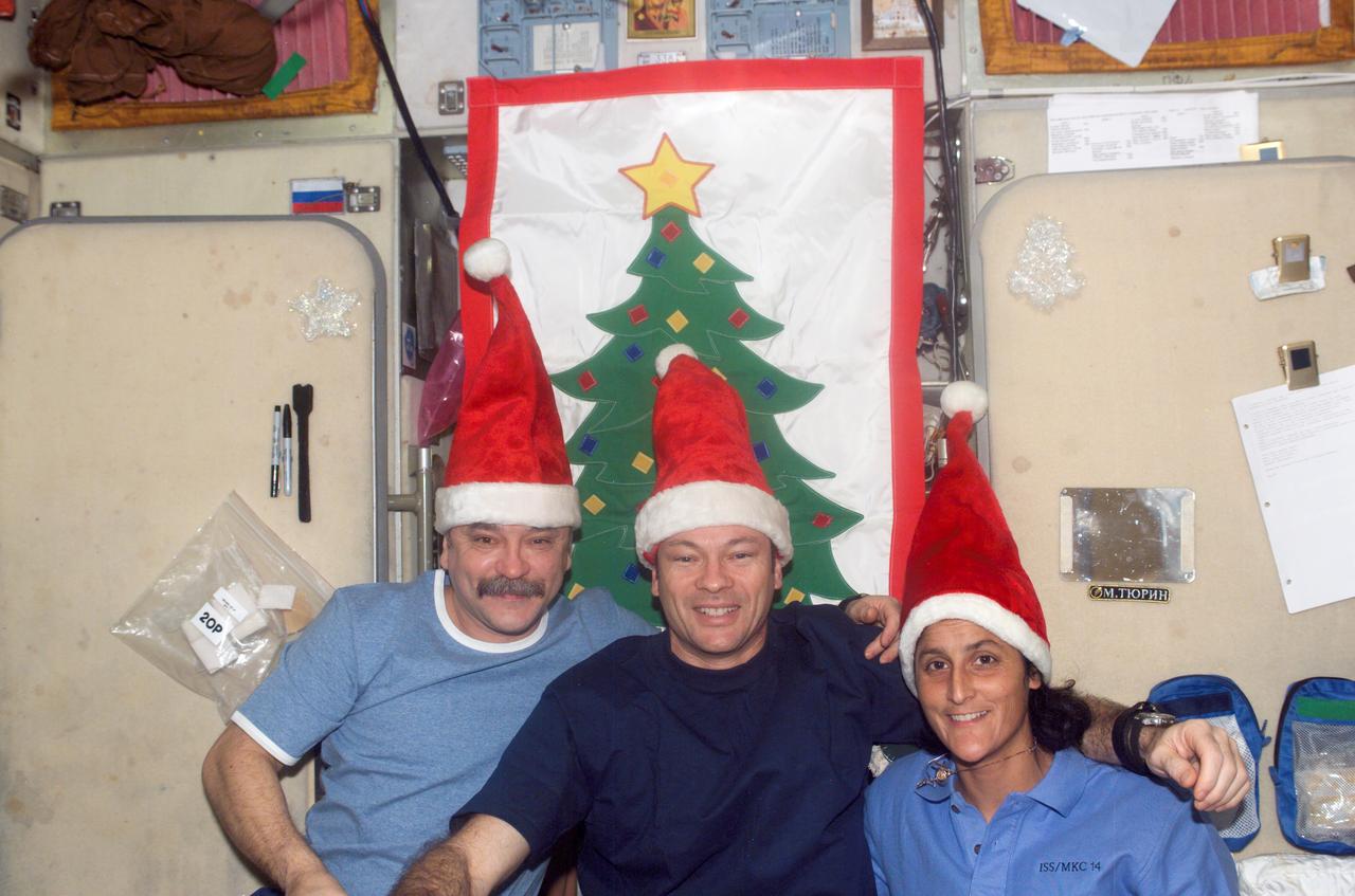 ISS014-E-10236 (24 Dec. 2006) --- Wearing Santa Claus hats, cosmonaut Mikhail Tyurin (left), Expedition 14 flight engineer representing Russia's Federal Space Agency; astronaut Michael E. Lopez-Alegria, commander and NASA space station science officer; and astronaut Sunita L. Williams, flight engineer, pose for a holiday photo in the Zvezda Service Module of the International Space Station.
