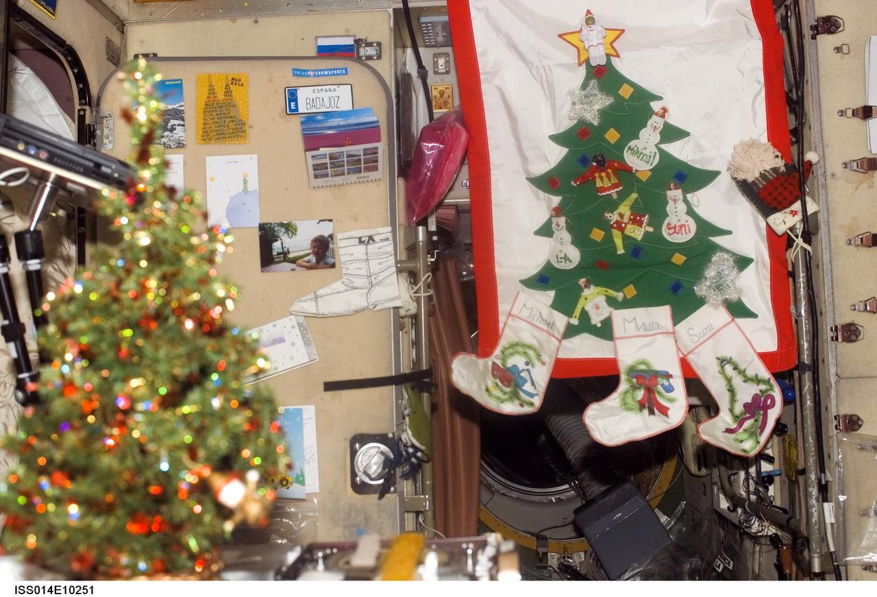 ISS014-E-10251 (25 Dec. 2006) --- Christmas decorations in the Zvezda Service Module of the International Space Station are featured in this image photographed by an Expedition 14 crewmember.