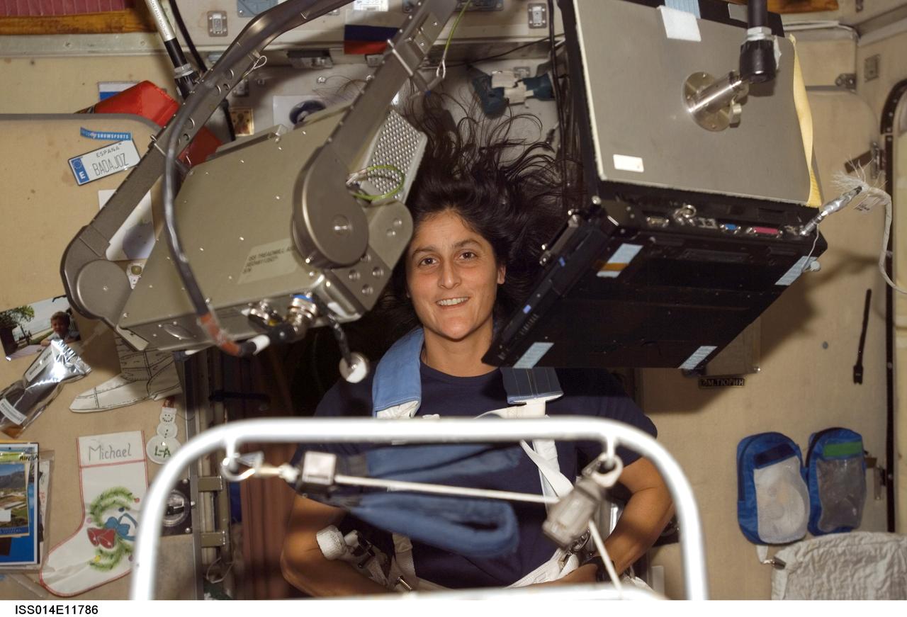 ISS014-E-11786 (13 Jan. 2007) --- Surrounded by hardware, astronaut Sunita L. Williams, Expedition 14 flight engineer, equipped with a bungee harness, exercises on the Treadmill Vibration Isolation System (TVIS) (out of frame) in the Zvezda Service Module of the International Space Station.
