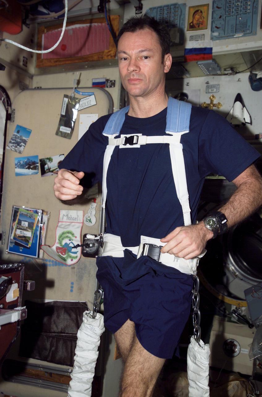 ISS014-E-12154 (15 Jan. 2007) --- Astronaut Michael E. Lopez-Alegria, Expedition 14 commander and NASA space station science officer, equipped with a bungee harness, exercises on the Treadmill Vibration Isolation System (TVIS) in the Zvezda Service Module of the International Space Station.