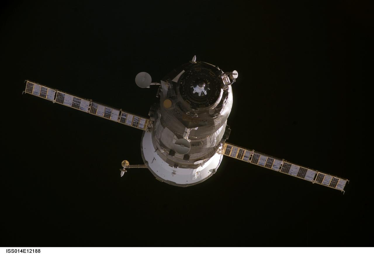 ISS014-E-12188 (16 Jan. 2007) --- Backdropped by the blackness of space, an unpiloted Progress 22 supply vehicle departs from the Pirs Docking Compartment of the International Space Station on Jan. 16, 2007, carrying its load of trash and unneeded equipment to be deorbited and burned up in Earth's atmosphere. The undocking clears the way for the arrival of a new Progress 24, planned to launch January 17 and dock with the station on January 19.