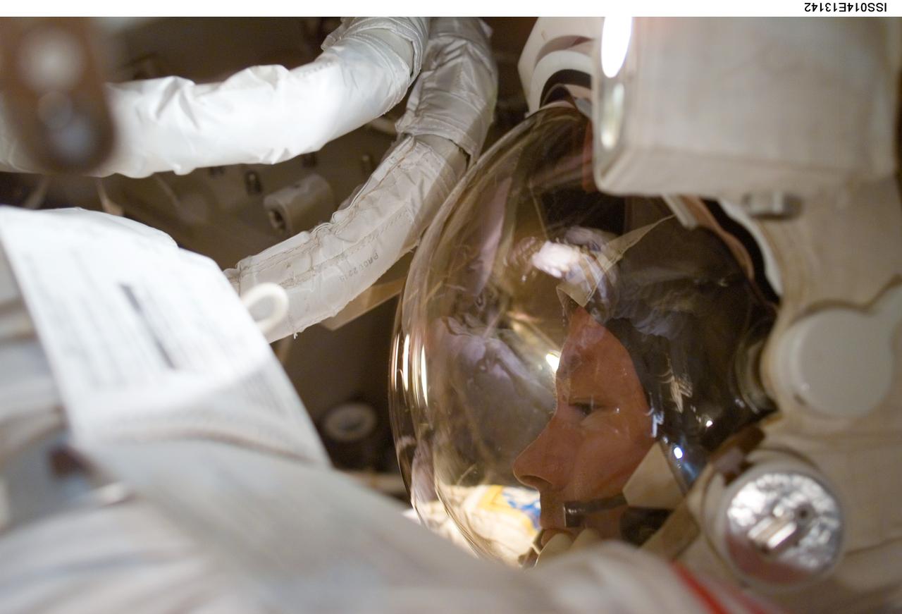 ISS014-E-13142 (31 Jan. 2007) --- Astronaut Michael E. Lopez-Alegria, Expedition 14 commander and NASA space station science officer, participates in the first of three sessions of extravehicular activity (EVA) in nine days, as construction continues on the International Space Station. During the 7-hour 55-minute spacewalk, Lopez-Alegria and Sunita L. Williams (out of frame), flight engineer, reconfigured one of two cooling loops for the Destiny laboratory module, rearranged electrical connections and secured the starboard radiator of the P6 truss after retraction.