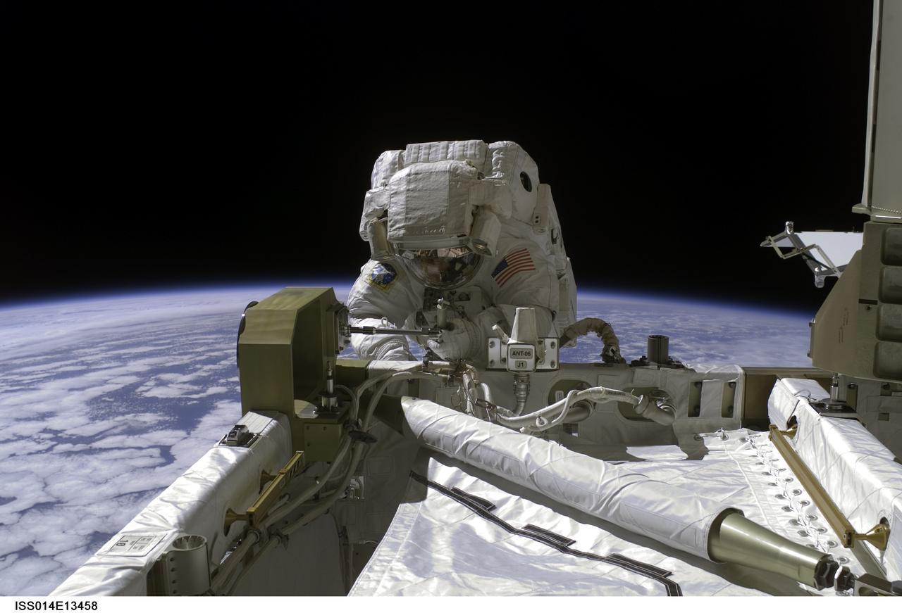 ISS014-E-13458 (8 Feb. 2007) --- Astronaut Sunita L. Williams, Expedition 14 flight engineer, participates in the final of three sessions of extravehicular activity (EVA) in nine days, as construction continues on the International Space Station. During the 6-hour, 40-minute spacewalk, Williams and Michael E. Lopez-Alegria (out of frame), commander, completed tasks that will allow for the attachment of a cargo platform during the STS-118 mission this summer and relocation of the P6 truss during STS-120 later this year.