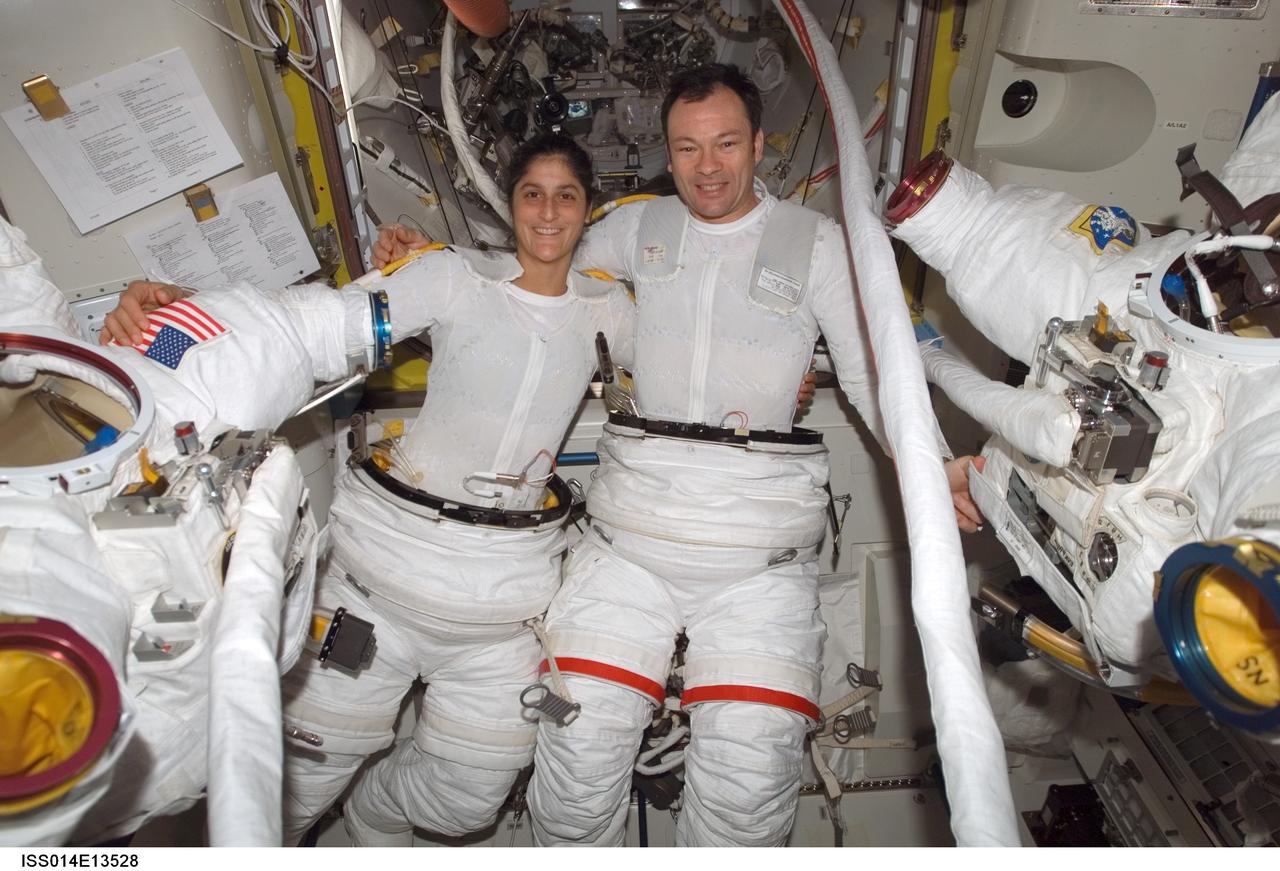 ISS014-E-13528 (8 Feb. 2007) --- Astronauts Sunita L. Williams, flight engineer, and Michael A. Lopez-Alegria, commander and NASA ISS science officer,  don their extravehicular mobility unit (EMU) space suits onboard the International Space Station prior to one of several  Expedition 14 spacewalks. This marks the third extravehicular activity in nine days.