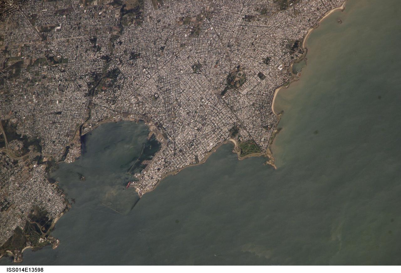 ISS014-E-13598 (29 Jan. 2007) --- Montevideo, Uruguay is featured in this image photographed by an Expedition 14 crewmember on the International Space Station. Reflective roofing materials and dark asphalt streets outline the urban grid pattern of Uruguay's capital city of Montevideo in this image. The city may be viewed as a precursor of the predicted global population shift from dominantly rural to urban environments (by 2030, according to recent United Nations estimates) -- nearly half of Uruguay's total population now lives in the Montevideo metropolitan area. Located on the southern coastline of Uruguay along the Rio de la Plata, Montevideo Bay provides an important harbor and port facilities for transport of South American agricultural products. This view is of sufficient resolution (approximately 7 meters/pixel) to discriminate between dark green canopied tree cover and light green grass  - important information for study of urban ecology and climate, as well as city water use planning - in a large golf course located at the southern edge of the city (near center right). Sediment plumes along the coastline to the southeast of the city are also visible; rough patterns in the water surface of Montevideo Bay and the Rio de la Plata are a combination of wind disturbance and sediments.