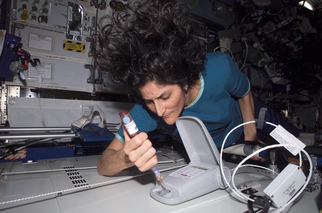 ISS014-E-18818 (31 March 2007) --- Astronaut Sunita L. Williams, Expedition 14 flight engineer, works with the Lab-on-a-Chip Application Development-Portable Test System (LOCAD-PTS) experiment in the Destiny laboratory of the International Space Station. LOCAD-PTS is a handheld device for rapid detection of biological and chemical substances onboard the station.