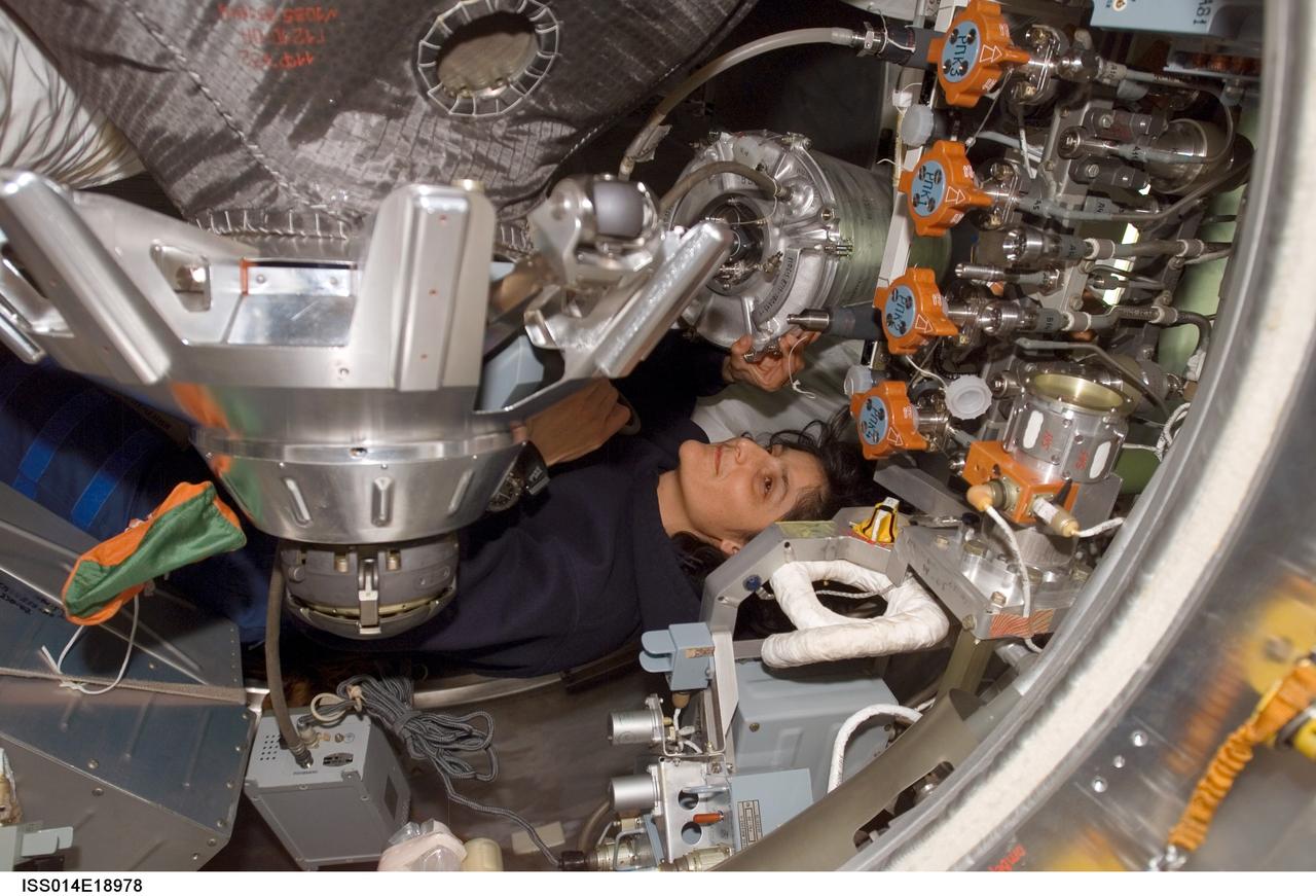 ISS014-E-18978 (5 April 2007) --- Astronaut Sunita L. Williams, Expedition 14 flight engineer, works with water tanks in the Progress 24 spacecraft docked to the International Space Station.