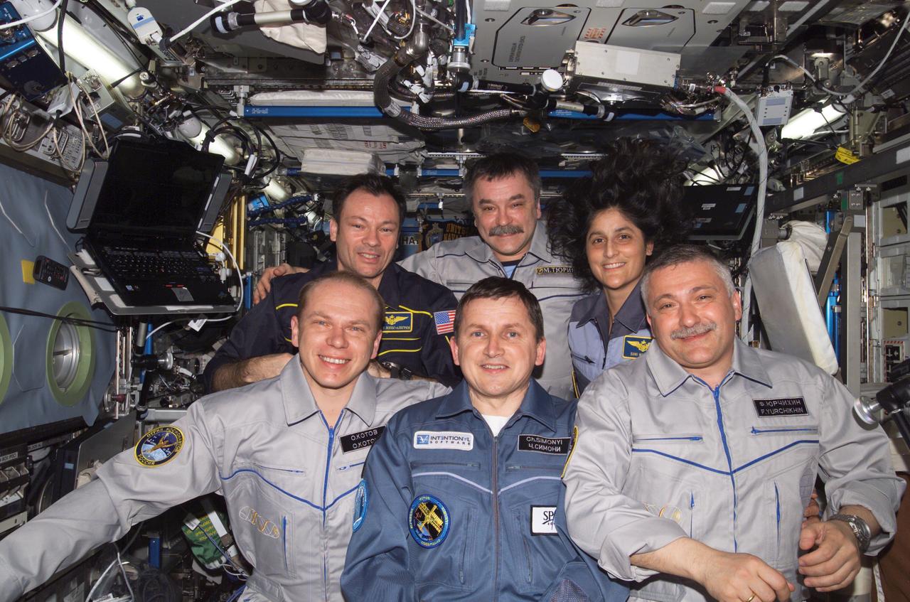 ISS014-E-19357 (12 April 2007) --- The crewmembers onboard the International Space Station participate in a conference with Russian space officials in the Destiny laboratory of the International Space Station. From the left (front row) are cosmonaut Oleg V. Kotov, Expedition 15 flight engineer; U.S. spaceflight participant Charles Simonyi; and cosmonaut Fyodor N. Yurchikhin, Expedition 15 commander. From the left (back row) are astronaut Michael E. Lopez-Alegria, Expedition 14 commander and NASA space station science officer; cosmonaut Mikhail Tyurin, Expedition 14 flight engineer; and astronaut Sunita L. Williams, Expedition 14/15 flight engineer. The officials offered congratulations on the Cosmonautics Day in celebration of the 46th anniversary of the launching of Yuri Gagarin as the first human in space. The ground team also offered congratulations to Lopez-Alegria and Williams on the 26th anniversary of the launching of Columbia on the first space shuttle mission. Yurchikhin, Kotov and Tyurin represent Russia's Federal Space Agency.