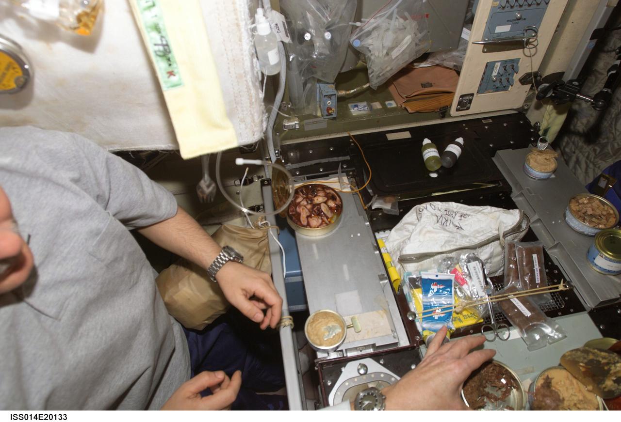 ISS014-E-20133 (April 2007) --- A close-up view of the galley in the Zvezda Service Module of the International Space Station is featured in this image photographed by an Expedition 14 crewmember during mealtime.