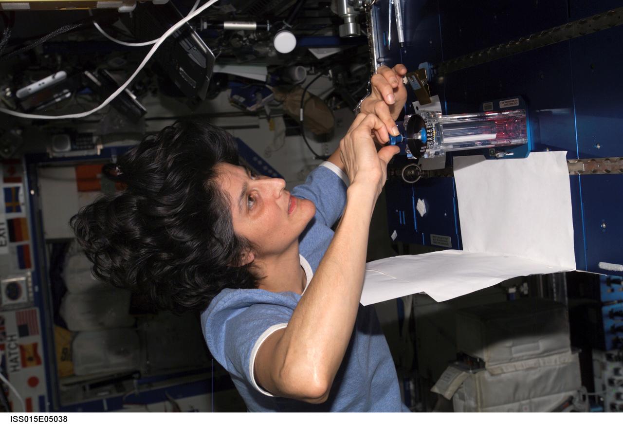 ISS015-E-05038 (23 April 2007) --- Astronaut Sunita L. Williams, Expedition 15 flight engineer, performs one of multiple tests of the Capillary Flow Experiment (CFE) investigation in the Destiny laboratory of the International Space Station. CFE observes the flow of fluid, in particular capillary phenomena, in microgravity.