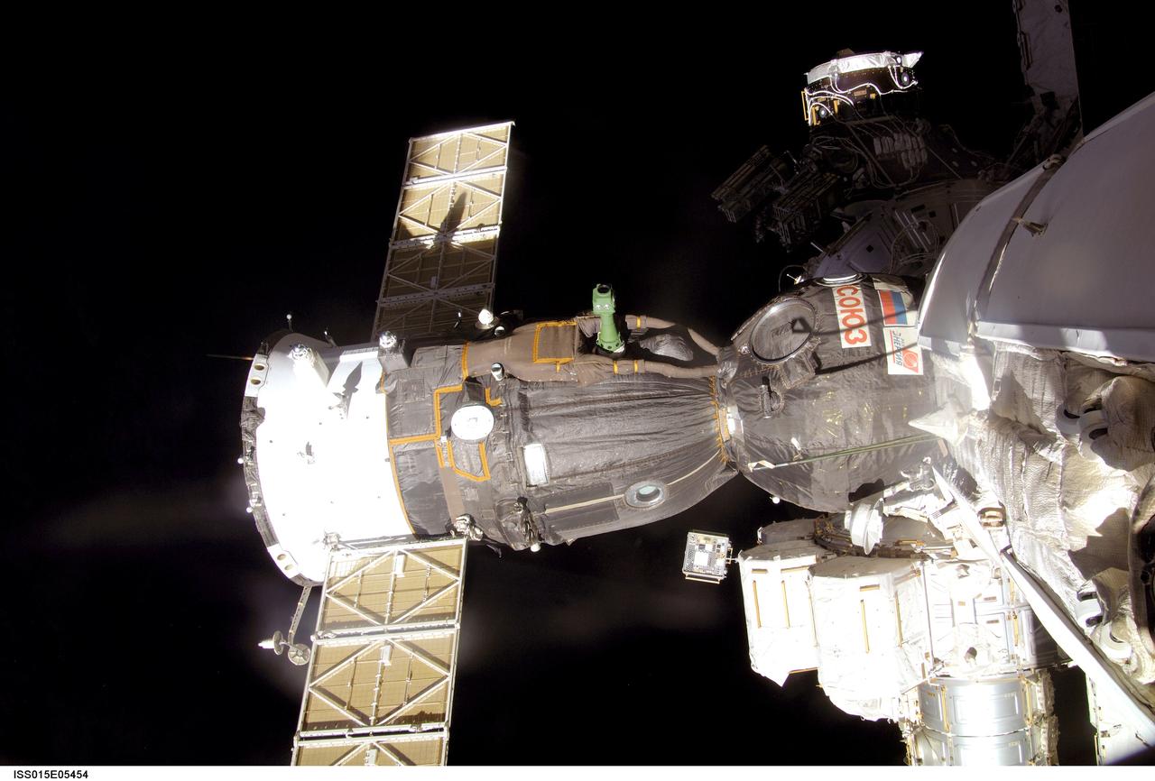 ISS015-E-05454 (April 2007) --- Backdropped by the blackness of space, the Soyuz 14 (TMA-10) spacecraft docked to the Zarya Module nadir port of the International Space Station is featured in this image photographed by an Expedition 15 crewmember.