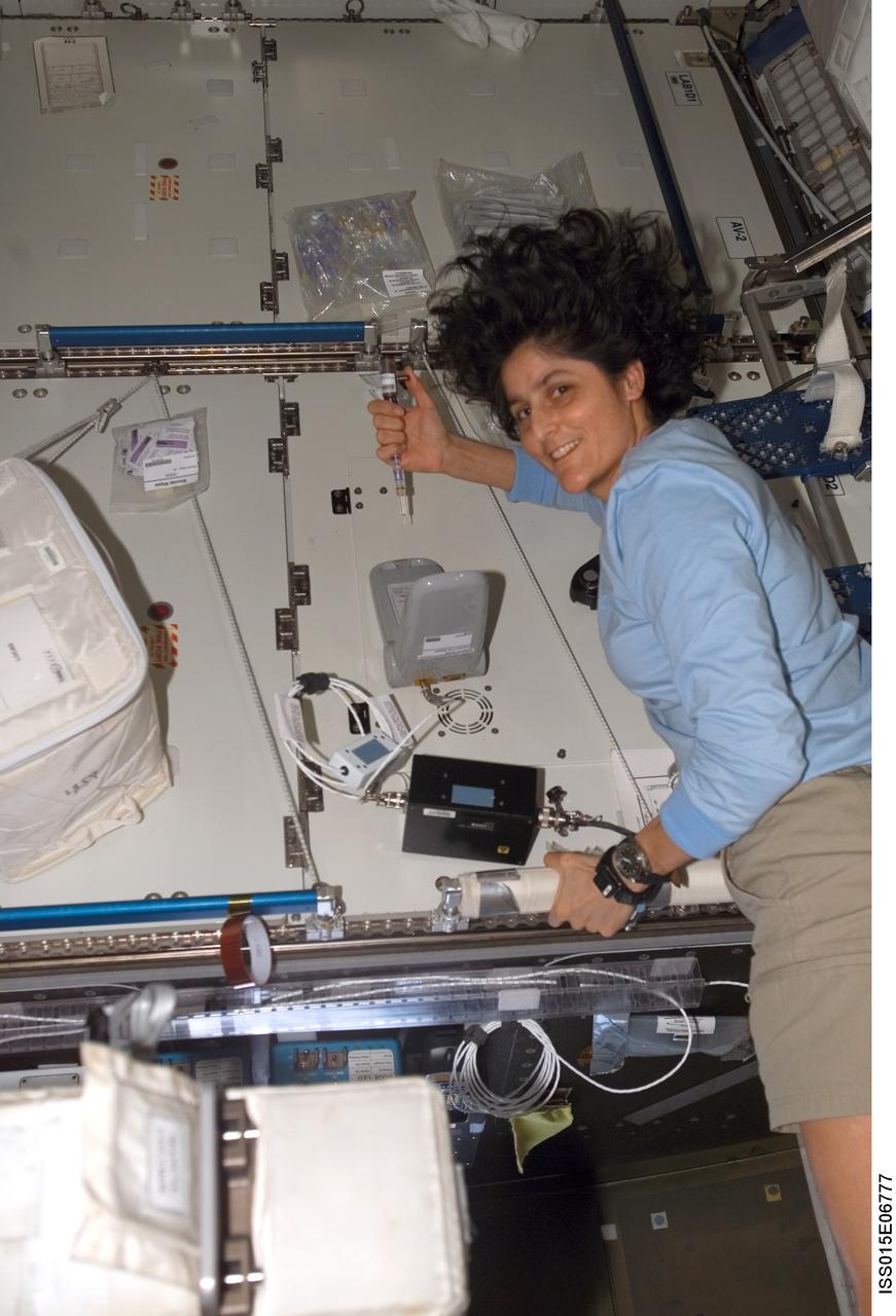 ISS015-E-06777 (5 May 2007) --- Astronaut Sunita L. Williams, Expedition 15 flight engineer, works with the Lab-on-a-Chip Application Development-Portable Test System (LOCAD-PTS) experiment in the Destiny laboratory of the International Space Station. LOCAD-PTS is a handheld device for rapid detection of biological and chemical substances onboard the station.