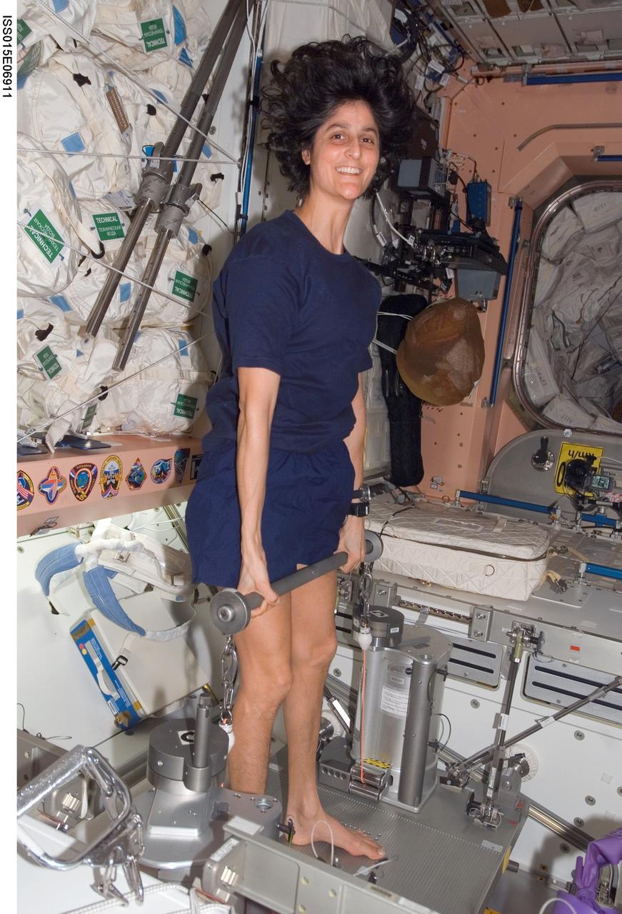 ISS015-E-06911 (7 May 2007) --- Astronaut Sunita L. Williams, Expedition 15 flight engineer, uses the short bar for the Interim Resistive Exercise Device (IRED) to perform upper body strengthening pull-ups. The IRED hardware is located in the Unity node of the International Space Station.