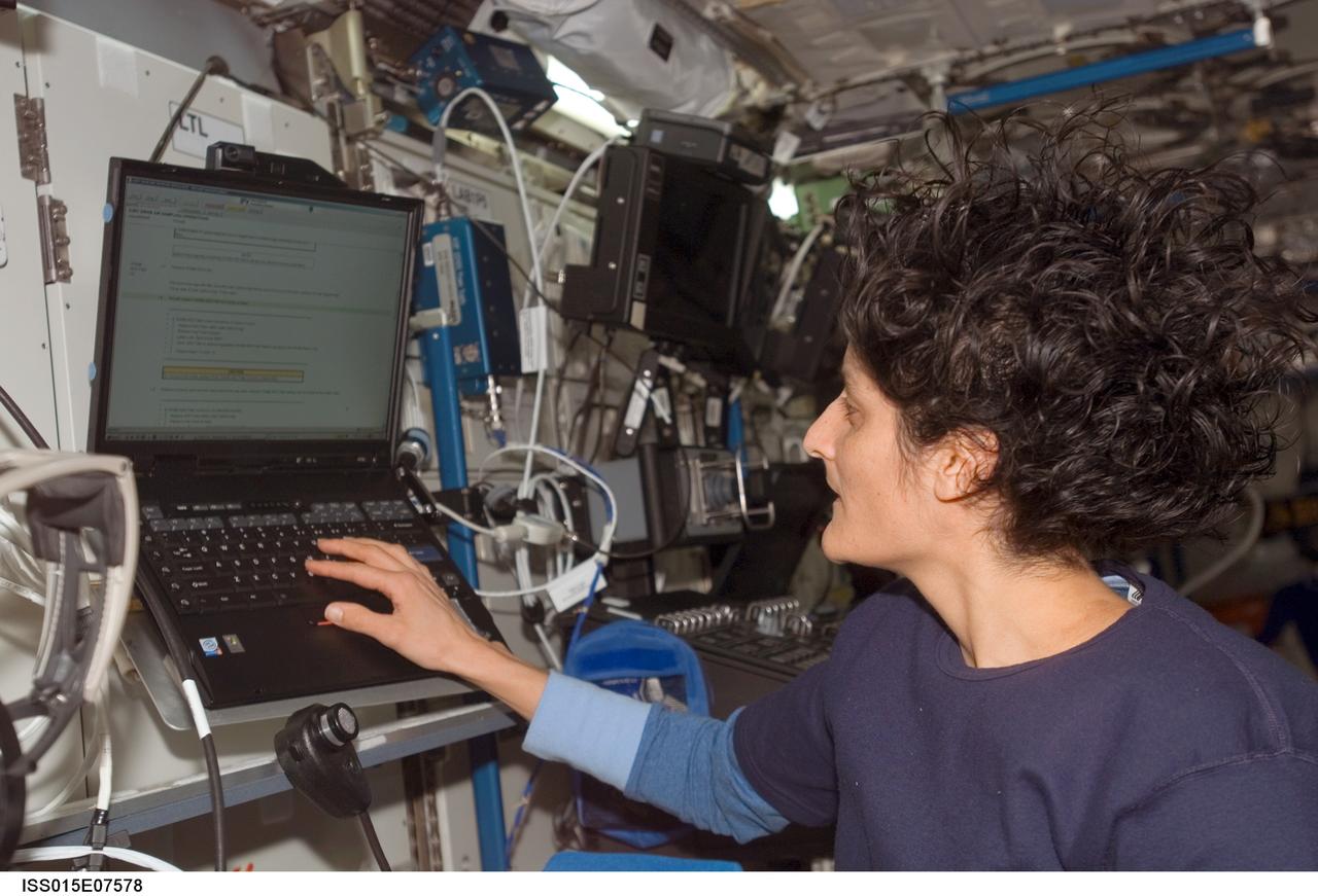 ISS015-E-07578 (13 May 2007) --- Astronaut Sunita L. Williams, Expedition 15 flight engineer, uses a computer in the Destiny laboratory of the International Space Station.